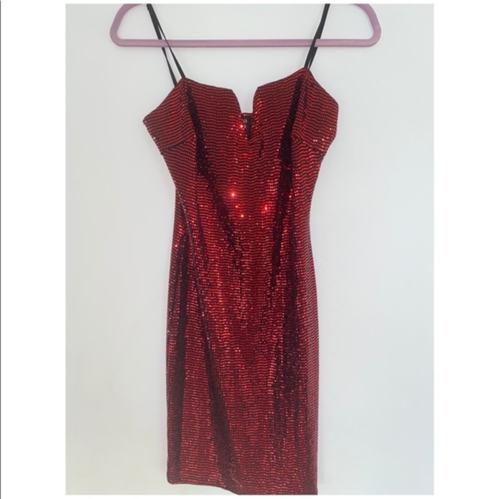 Red Sequin Mini Dress with Spaghetti Straps - Picture 1 of 4